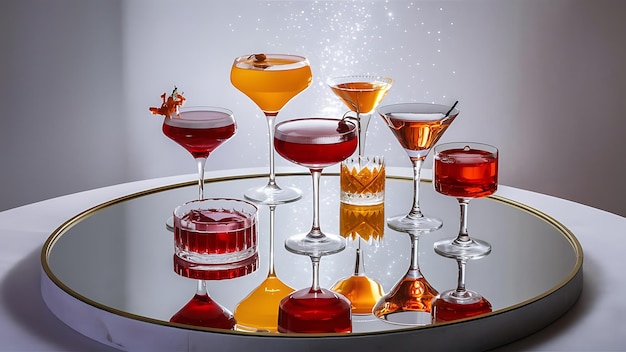 Alcoholic cocktails on a mirror background