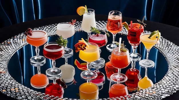 Photo alcoholic cocktails on a mirror background