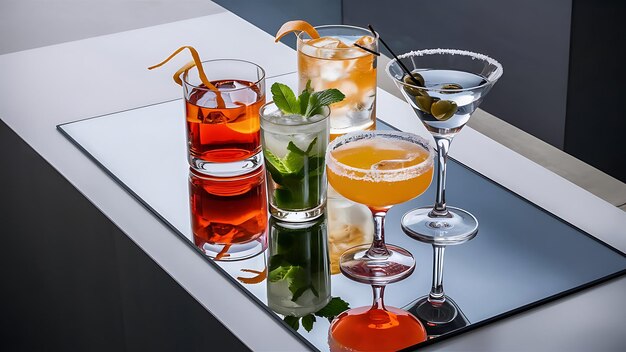 Photo alcoholic cocktails on a mirror background