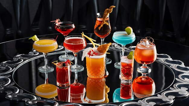 Alcoholic cocktails on a mirror background