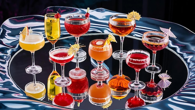 Photo alcoholic cocktails on a mirror background