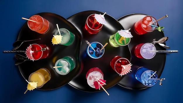 Photo alcoholic cocktails with ice on blue background