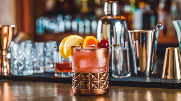 Photo alcoholic cocktl with ice in bronze glass on bar table