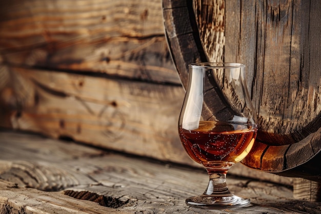 Photo alcoholic drink in fancy glass by vintage barrel on rustic backdrop