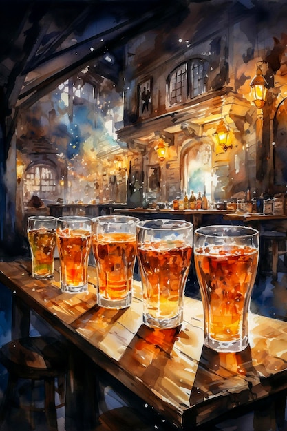 Alcoholic drinks in glasses on a wooden table on the background of the old town Watercolor painting