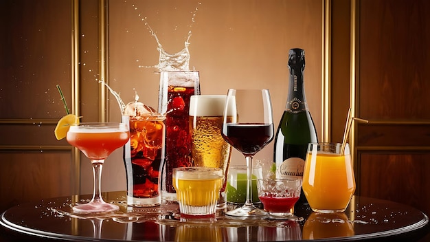 Alcoholic drinks set with splash cocktail cola beer winechampagne juice