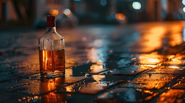 Alcoholism problem concept Empty bottle of liquor on a wet floor after rain at sunse Generative AI