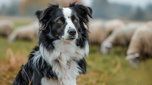 Alert Black and White Border Collie Dog with Flock of Sheep in Pastoral Countryside Scene