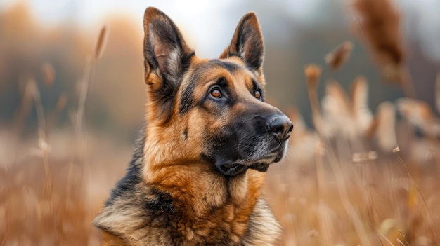 Alert German Shepherd Dog with Attentive Gaze in Golden Autumn Field Natural Canine Portrait