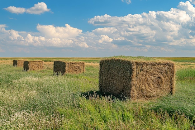 Photo alfalfa bale small square hay bales in field with blue sky background