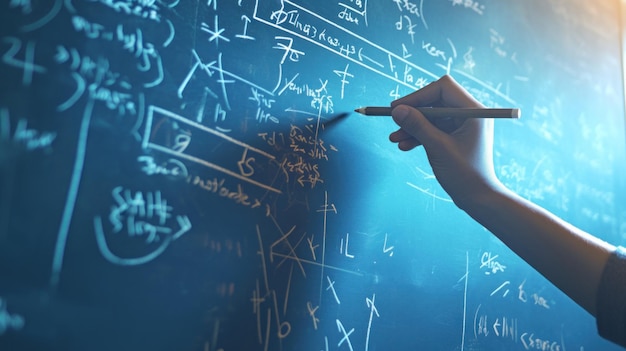 Photo algebra handwritten on a school blackboard with complicated mathematical formulas filling the black