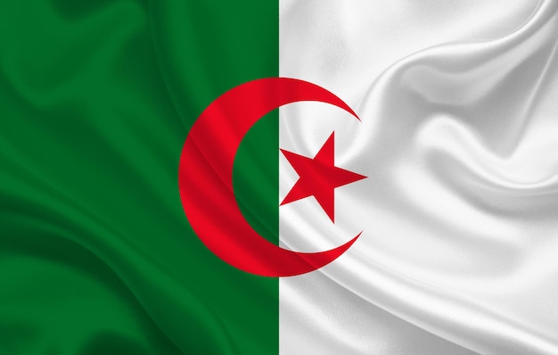 Algeria country flag on wavy silk fabric background panorama