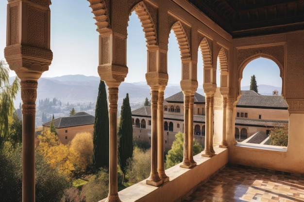 Alhambra in Granada Moorish architecture lush gardens and Sierra Nevada generative IA