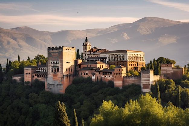 Alhambra in Granada Moorish architecture lush gardens and Sierra Nevada generative IA