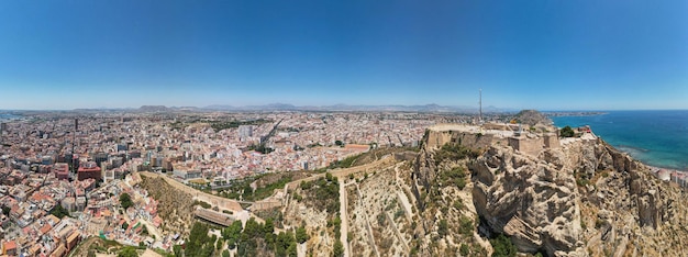 Alicante Santa Barbara castle with aerial view at the famous touristic city in Costa Blanca Spain