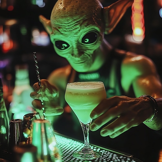 Photo alien bartender mixing a green cocktail