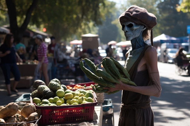 Alien browsing produce at farmers market with basket in hand created with generative ai