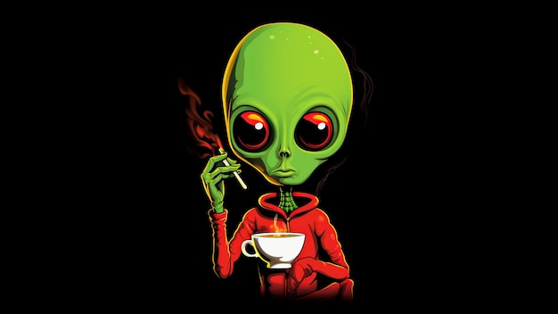 Photo alien cartoon character holding a coffee and smoking