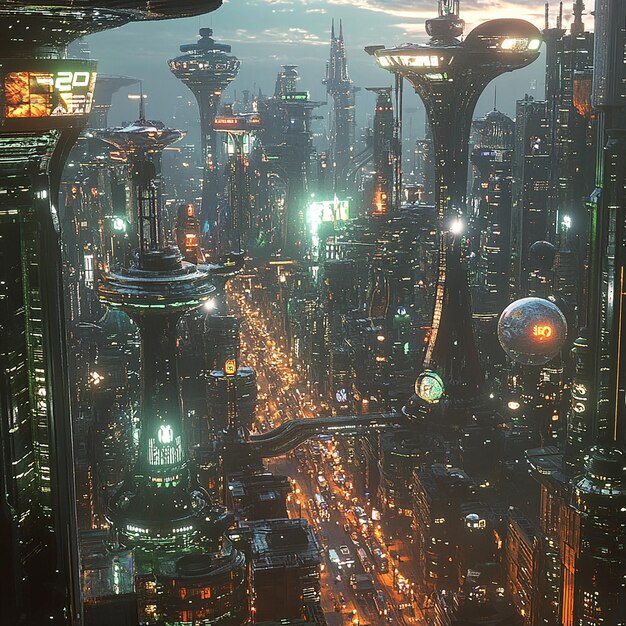 Photo alien cityscape bustling metropolis with towering structures