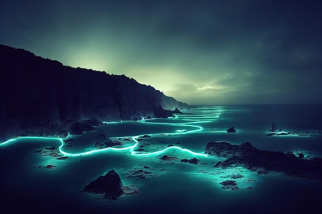 an alien coastline, bio luminescent sea, magical, dramatic lighting