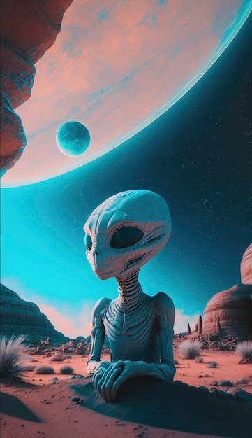 Alien in a desert with a planet in the background