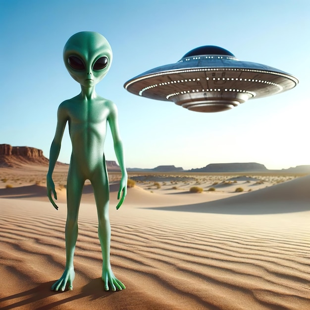 Photo alien in desert with ufo spaceship