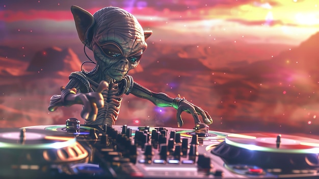 An alien DJ is spinning tunes on a pair of turntables against a colorful spacethemed background