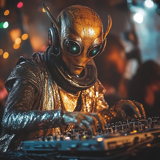 Photo alien dj mixing music on a soundboard