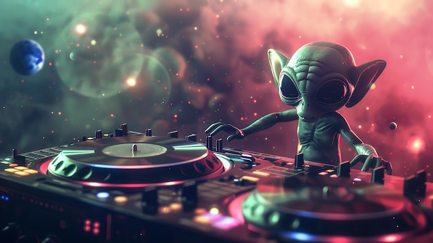 An alien DJ spins records in space with planets in the background