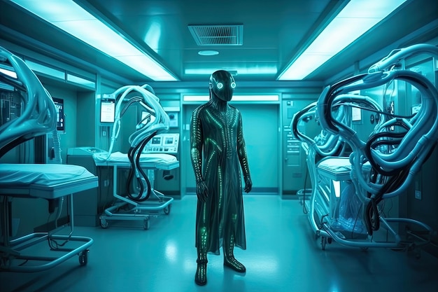 Alien doctor performing in futuristic hospital created with generative ai