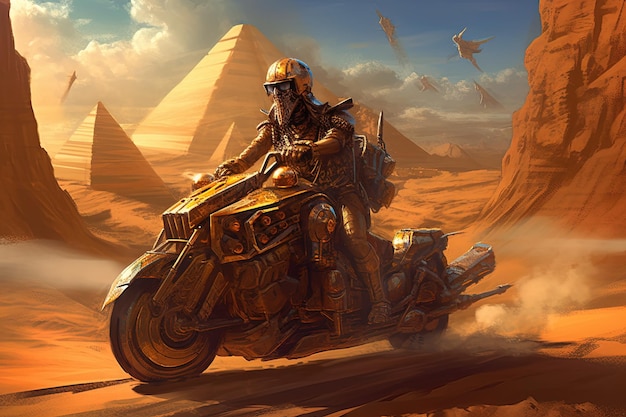 Alien Egyptian pharaoh in his war chariot chopper car charging into battle pyramids and desert background illustration generative ai