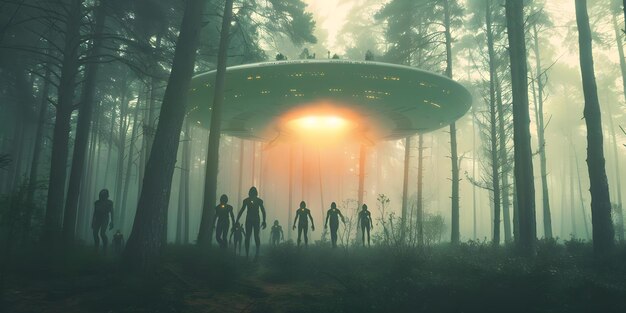 Photo alien figures with slender bodies approach ufo in misty forest at twilight concept alien encounters ufo sighting mysterious forest twilight adventure