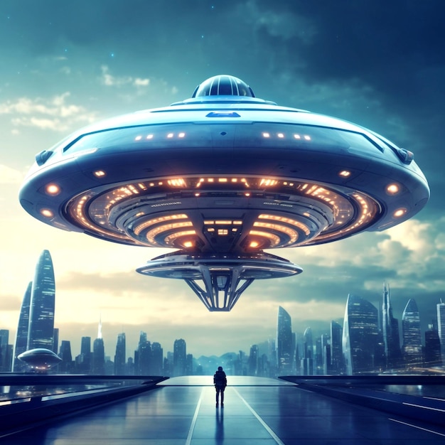 Alien flying saucer flying on earth UFO in the sky alien vehicle future world