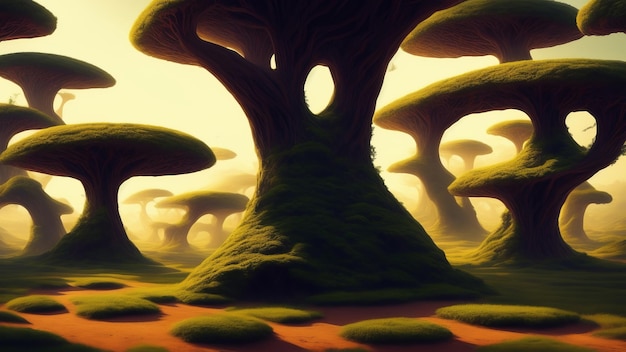 Photo an alien forest where trees form incredible shapes and structures unlike their earthly counterparts the idea of amazing exoticism and fantasy creative ai generated