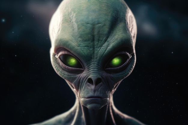 Alien humanoid shows peace gesture on dark background Generative AI