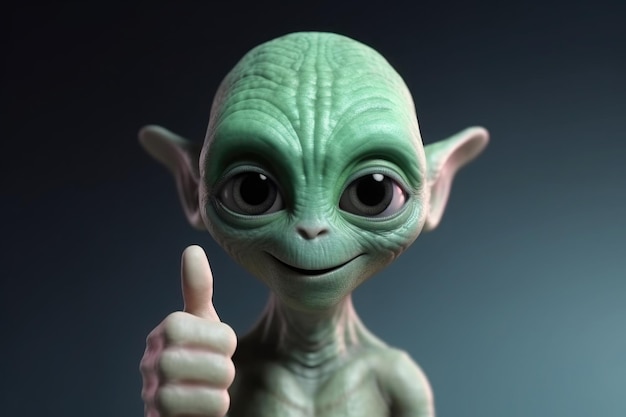 Alien humanoid shows thumb up gesture on dark background Generative AI