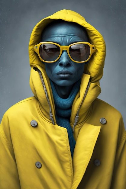 Alien humanoid wearing trendy yellow raincoat and sunglasses illustration generative AI