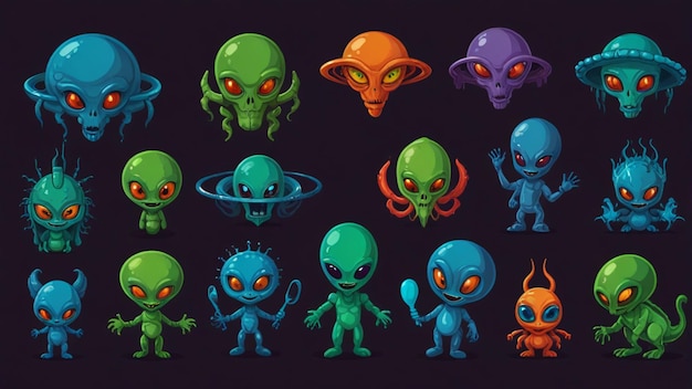 Photo alien icons set cartoon set of alien vector icons for web design