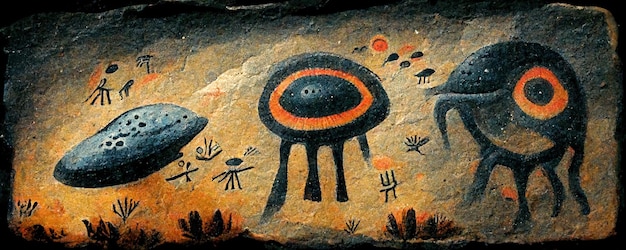 Alien invasion cave drawings intergalactic war rock painting