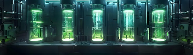 Photo alien laboratory glass tanks filled with glowing green liquid displays