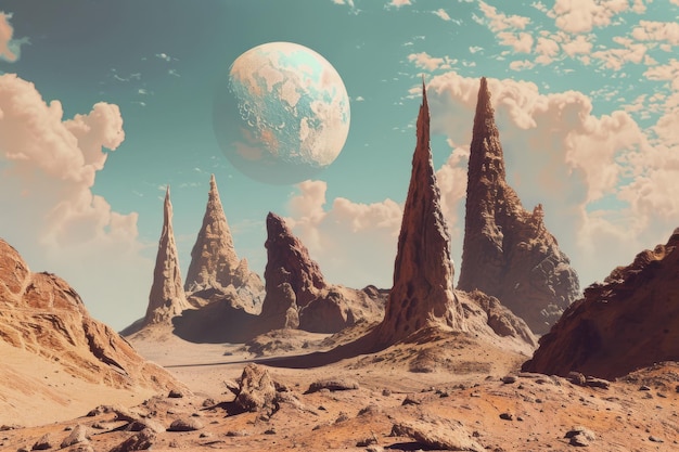 Alien landscape with dramatic rock formations and a distant planet hanging in a vivid sky creating a sense of otherworldly wonder