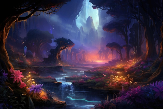 An alien landscape with exotic plants and glowing rivers