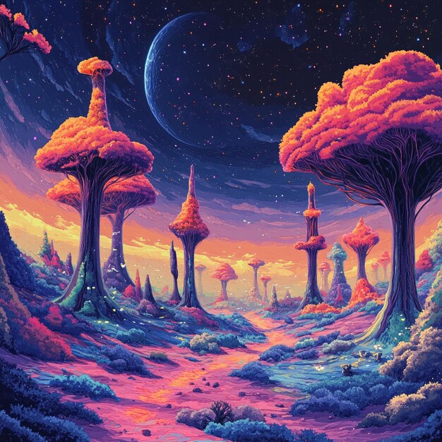 An alien landscape with vibrant alien trees