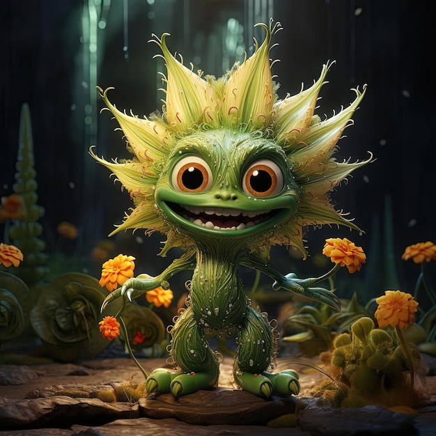 alien in monster flower in the style of playful caricatures