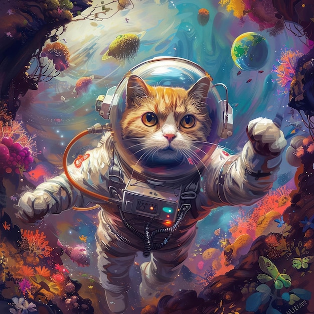 Alien Planet Explorer Cat A cat in a space suit discovering exotic alien life forms lush colors