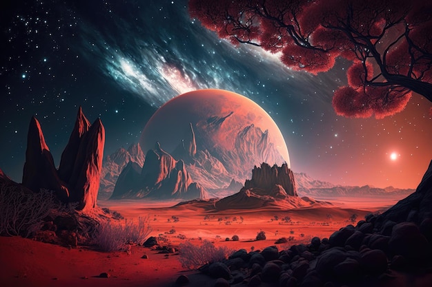 Alien Planet A Fantasy Landscape with red skies and stars AI Generation