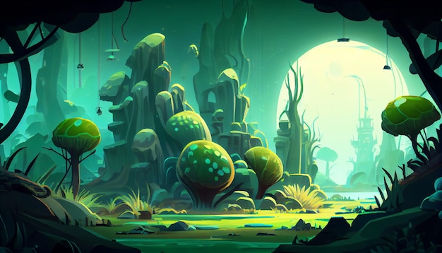 Alien planet forest 2D background environment for a mobile game A high quality horizontal background landscape Gaming template design location Generative ai