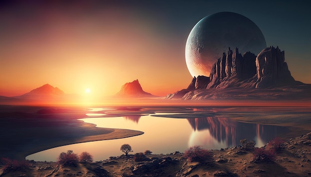 Alien Planet Generative AI Artwork Rocks and lake