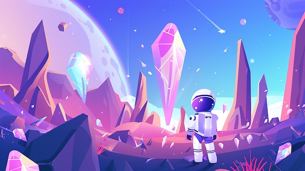 Photo alien planet landscape with cute robot astronaut