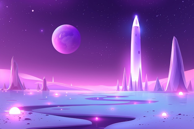 Alien Planet Landscape With Glowing Tower And Moon